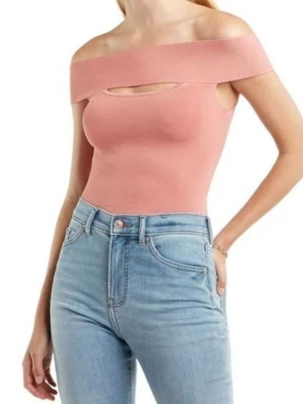 Express Off-Shoulder Cutout Ribbed Top - Dusty Pink - Large - NWT